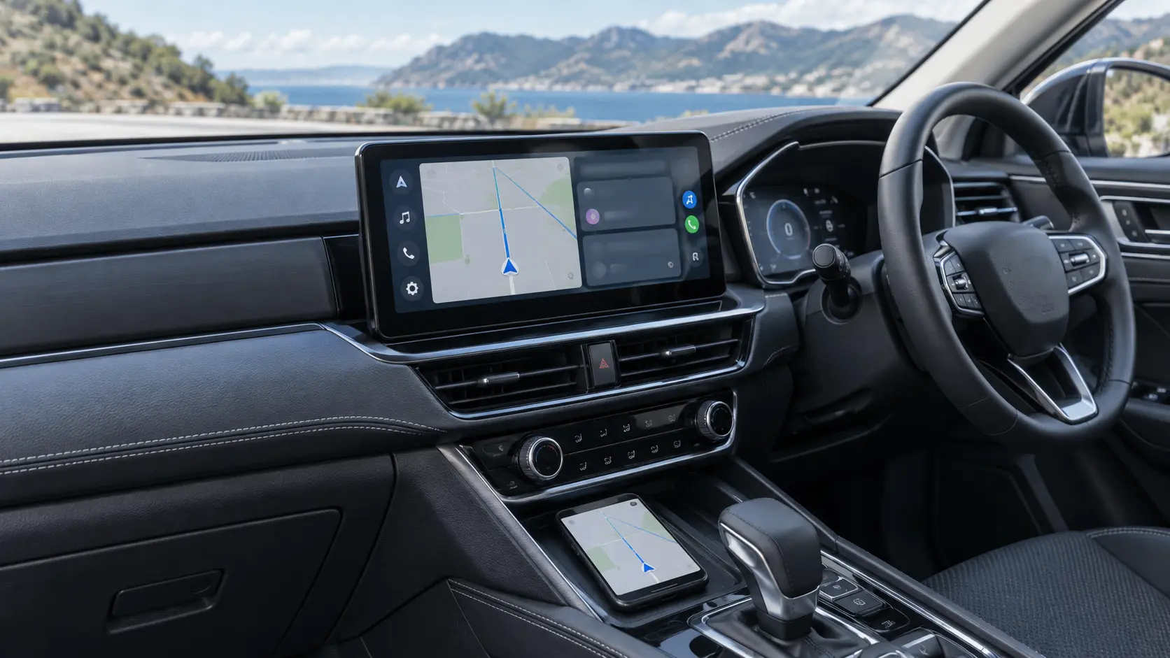 Wireless phone connection being tested in a right-hand-drive car